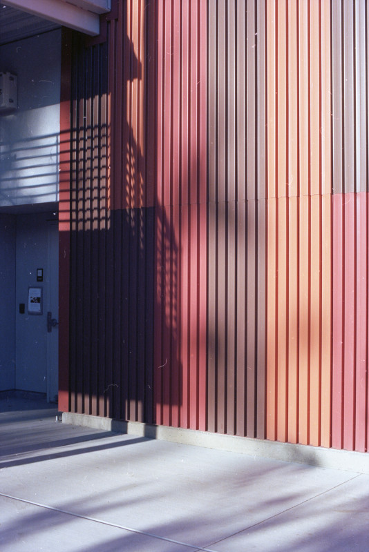 Slat wall in a buikding at San José City College.