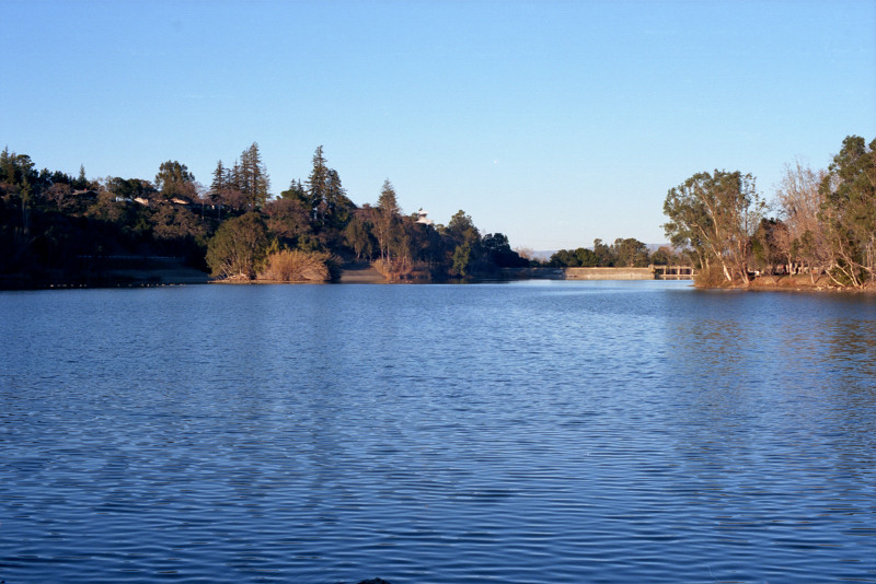 Looking northward toward the dam at Lake Vasona Reservoir, Los Gatos.