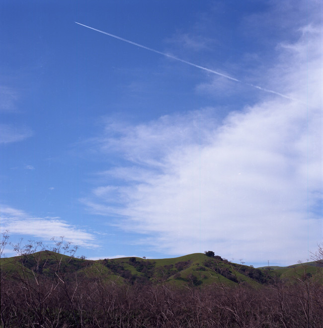 Contrail emerges from a cloud bank and keeps ascending to the left into the blue sky over the hills east of Bailey Avenue.