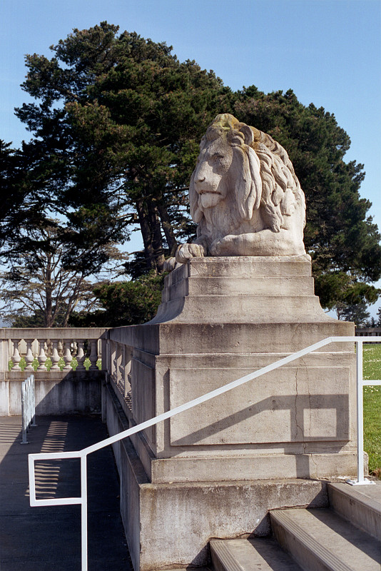 One of a pair of sculptures of lions guarding the entrance to the California Palace of the Legion of Honor.
