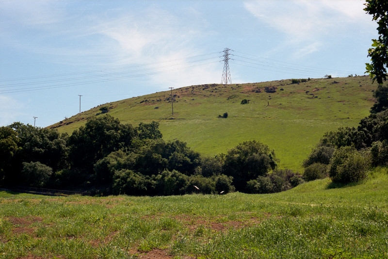Hillside along a back road near Santa Teresa Boulevard dressed in bright winter green, under blue sky with clouds rising up behind the hill. Transmission tower doing its job stands proudly on the hilltop.