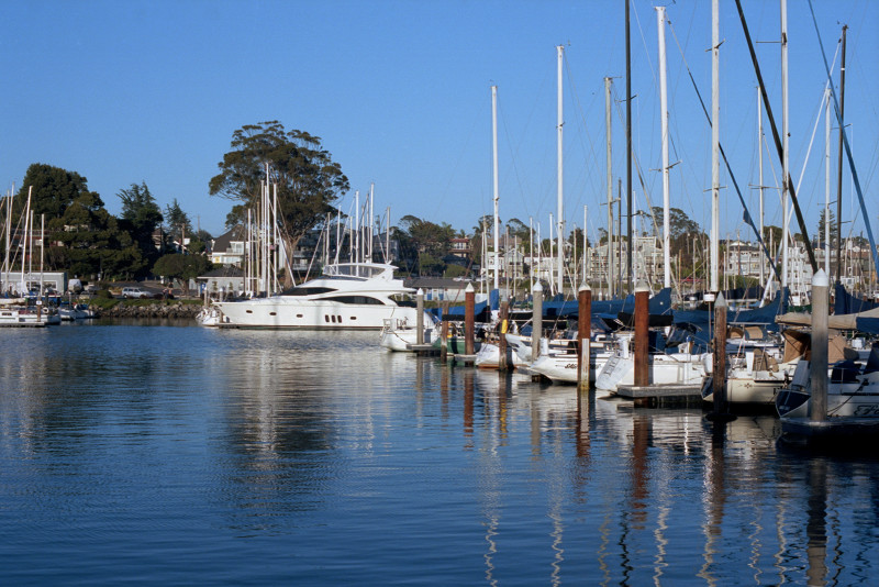 A large motor yacht at center of the picture, with smaller craft - mostly sailboats - docked closer in to the camera, on the right of the picture. Some buildings shown on the opposite shore of the Santa Cruz Yacht Harbor.